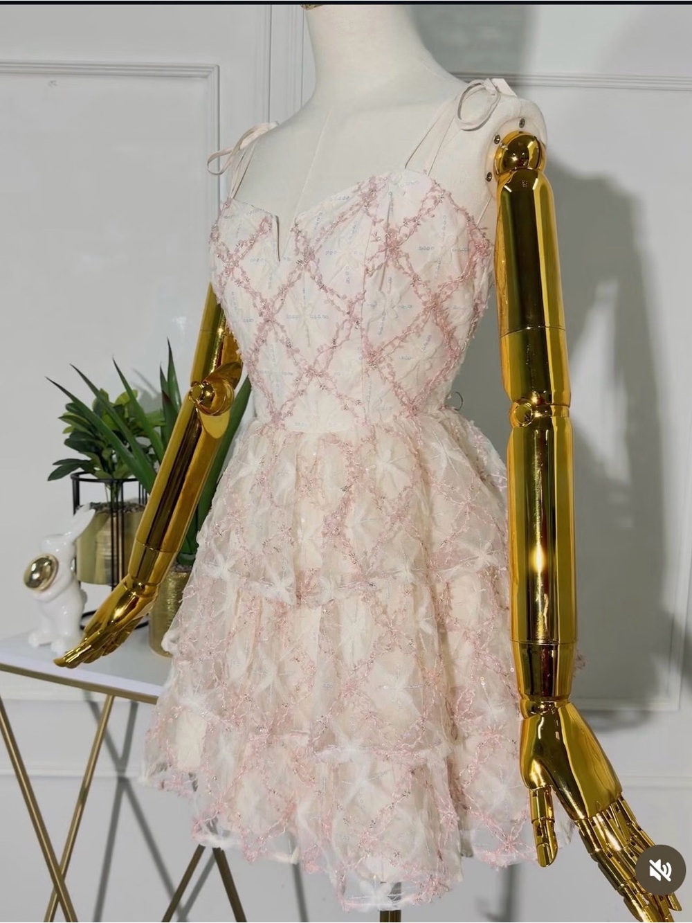 Just Me Cream, Blush, GoldTiered Lace Spaghetti Strap Dress Size Large NWT